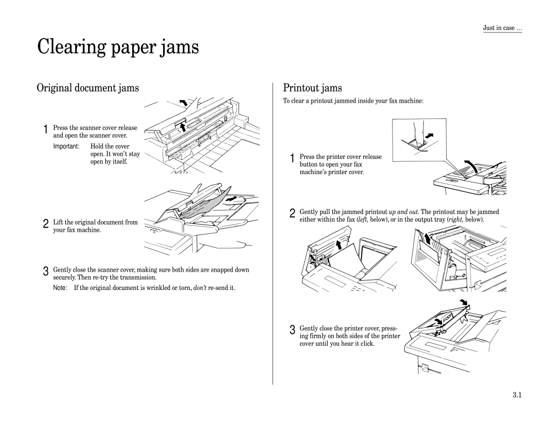 Muratec F-160 operating instructions Clearing paper jams, Original document jams, Printout jams 