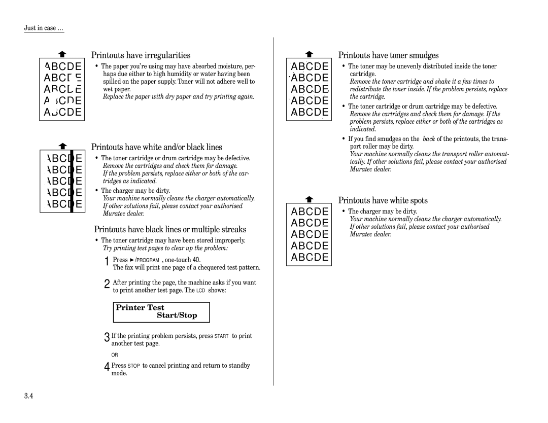 Muratec F-160 operating instructions Printer Test Start/Stop 