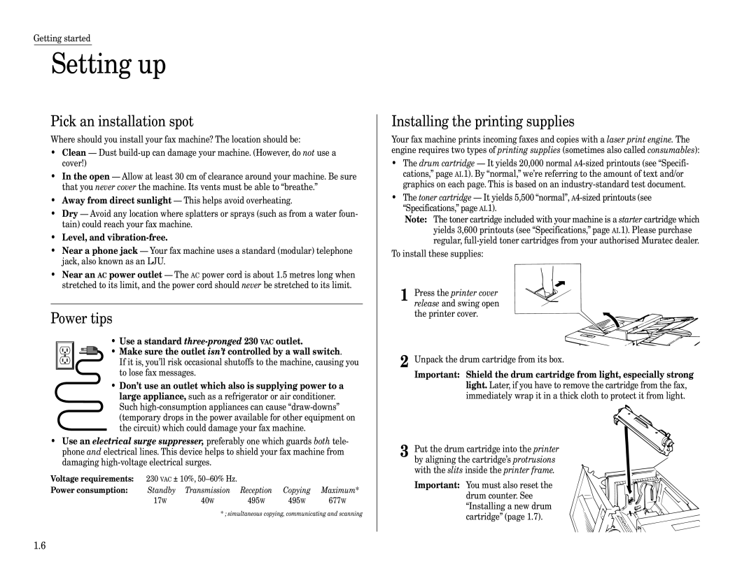 Muratec F-160 operating instructions Setting up, Pick an installation spot, Power tips, Installing the printing supplies 