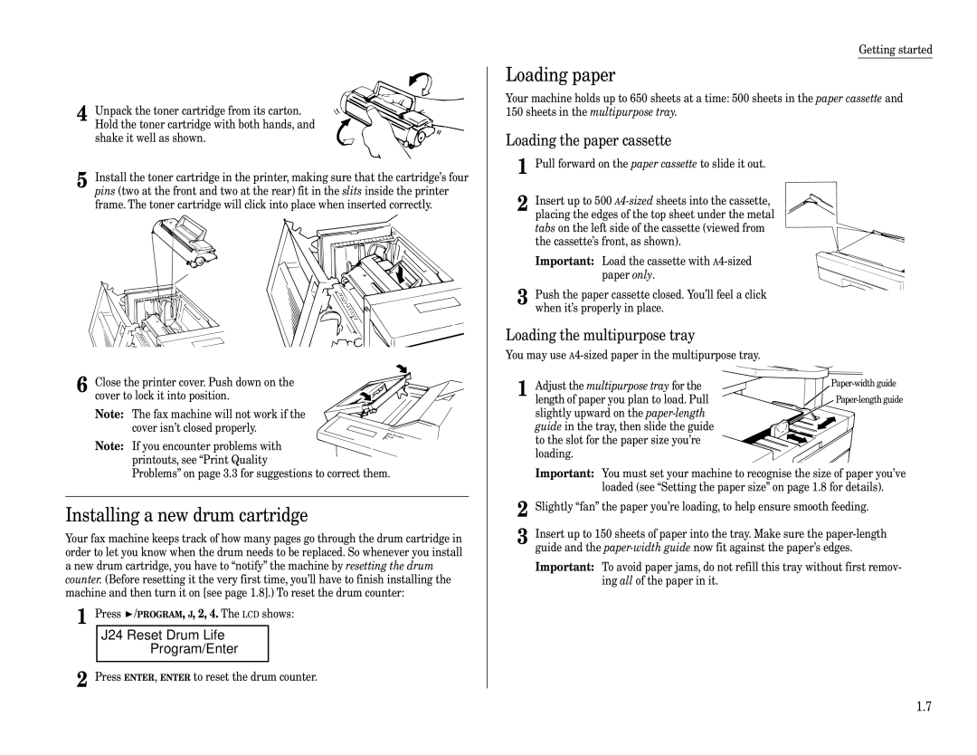 Muratec F-160 Loading paper, Installing a new drum cartridge, Loading the paper cassette, Loading the multipurpose tray 