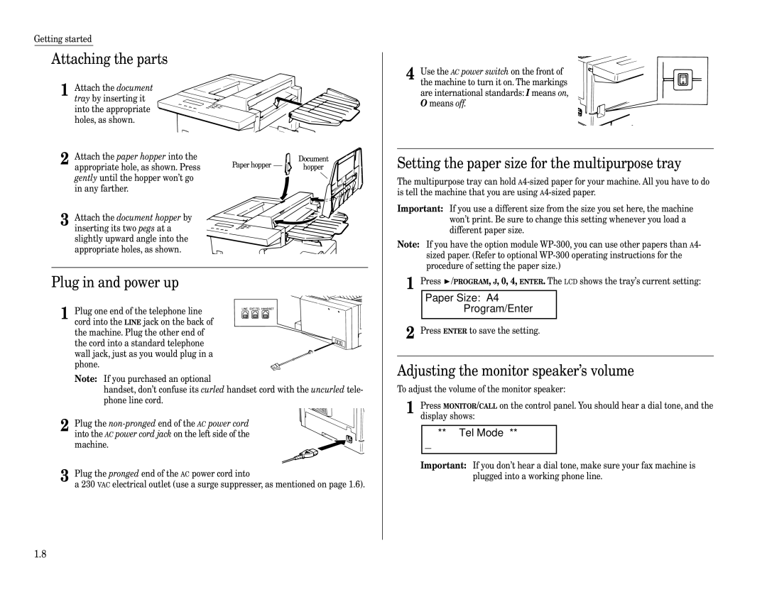 Muratec F-160 Attaching the parts, Plug in and power up, Setting the paper size for the multipurpose tray 