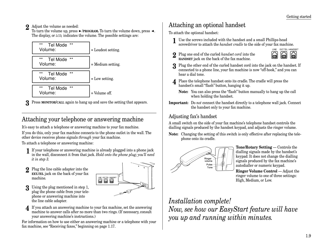 Muratec F-160 Attaching an optional handset, Attaching your telephone or answering machine, Tel Mode ** Volume 