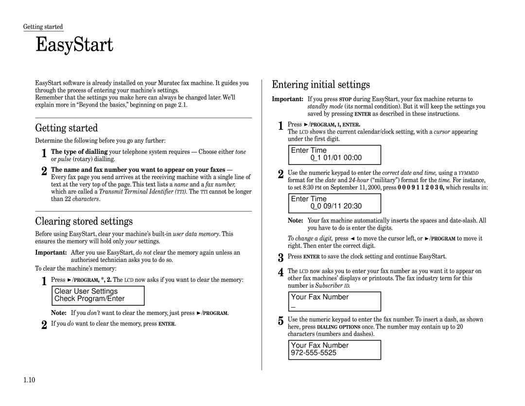 Muratec F-160 operating instructions EasyStart, Getting started, Clearing stored settings, Entering initial settings 