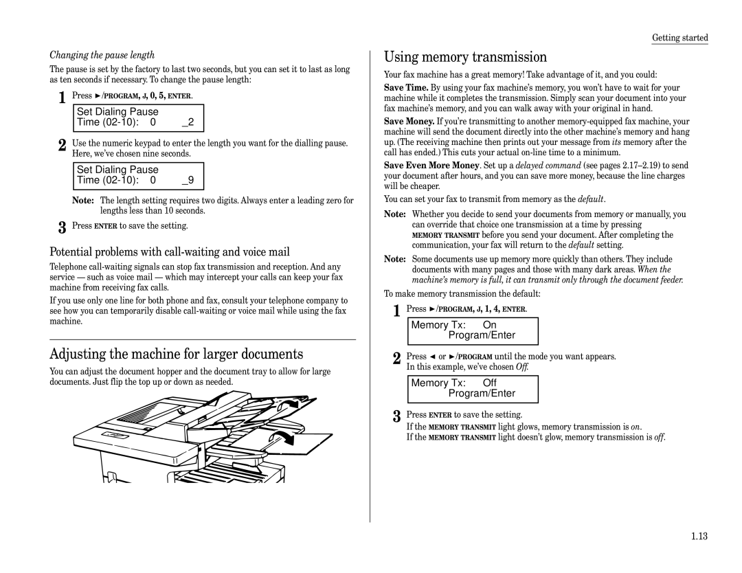 Muratec F-160 Adjusting the machine for larger documents, Using memory transmission, Set Dialing Pause Time 02-10 