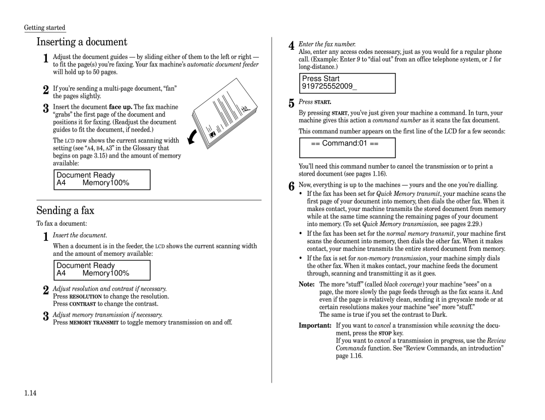 Muratec F-160 Inserting a document, Sending a fax, Document Ready Memory100%, Press Start, == Command01 == 