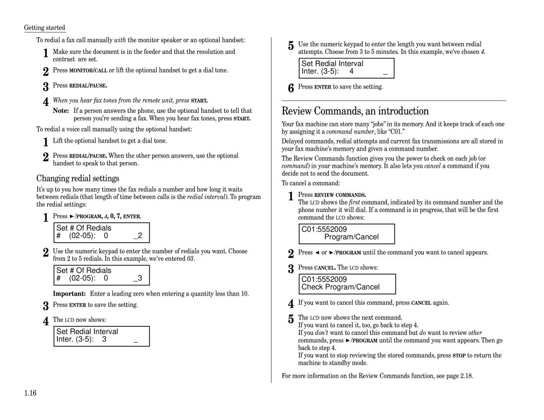 Muratec F-160 Review Commands, an introduction, Set # Of Redials # 02-05, Set Redial Interval Inter -5 