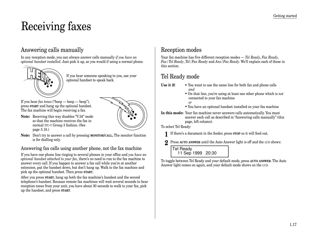 Muratec F-160 Receiving faxes, Answering calls manually, Reception modes, Tel Ready mode, Tel Ready 11 Sep 2030 