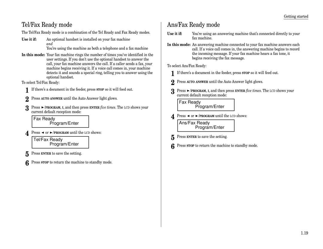 Muratec F-160 Tel/Fax Ready mode, Ans/Fax Ready mode, Tel/Fax Ready Program/Enter, Ans/Fax Ready Program/Enter 
