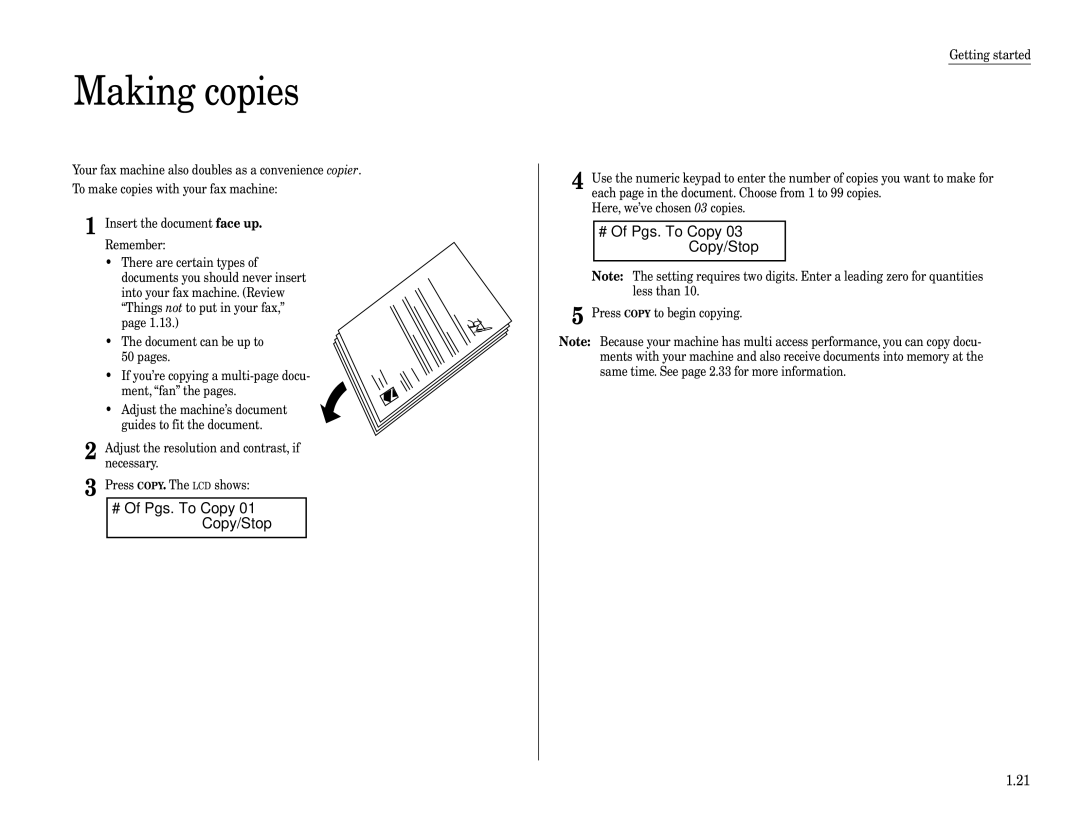 Muratec F-160 operating instructions Making copies, # Of Pgs. To Copy 01 Copy/Stop, # Of Pgs. To Copy 03 Copy/Stop 