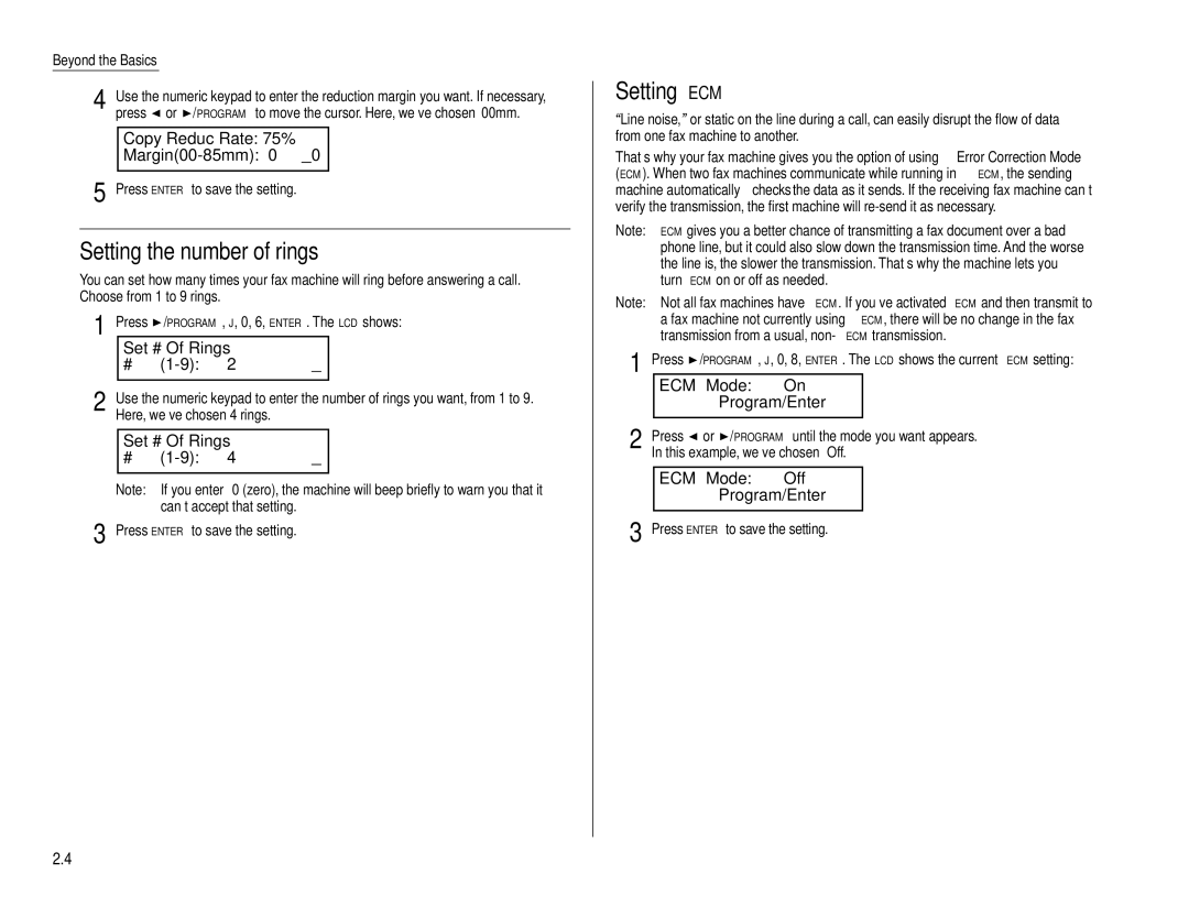 Muratec F-160 operating instructions Setting the number of rings, Setting ECM 