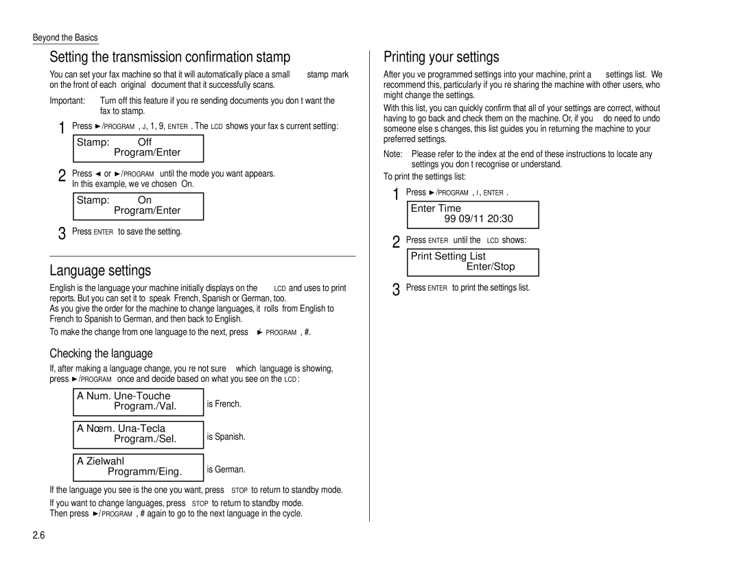 Muratec F-160 Setting the transmission confirmation stamp, Language settings, Printing your settings, ’99 09/11 2030 