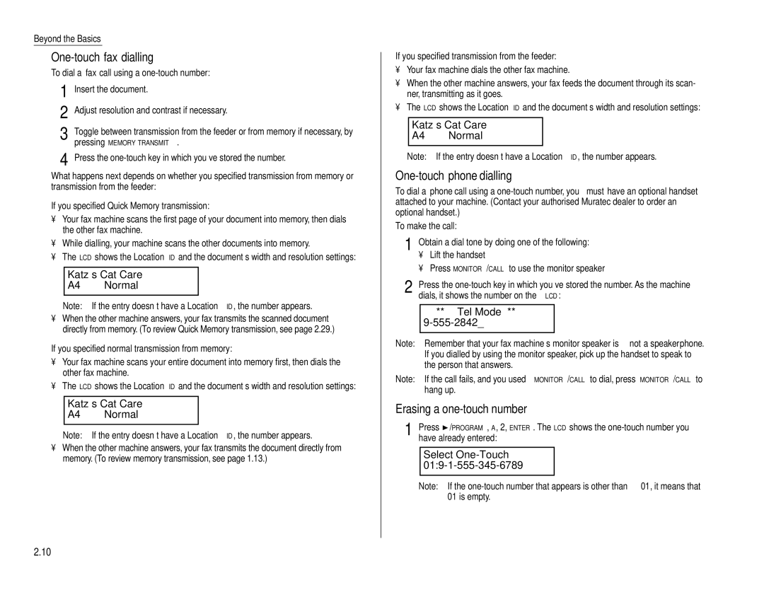 Muratec F-160 operating instructions Katz’s Cat Care A4 Normal, Tel Mode 555-2842, Select One-Touch 