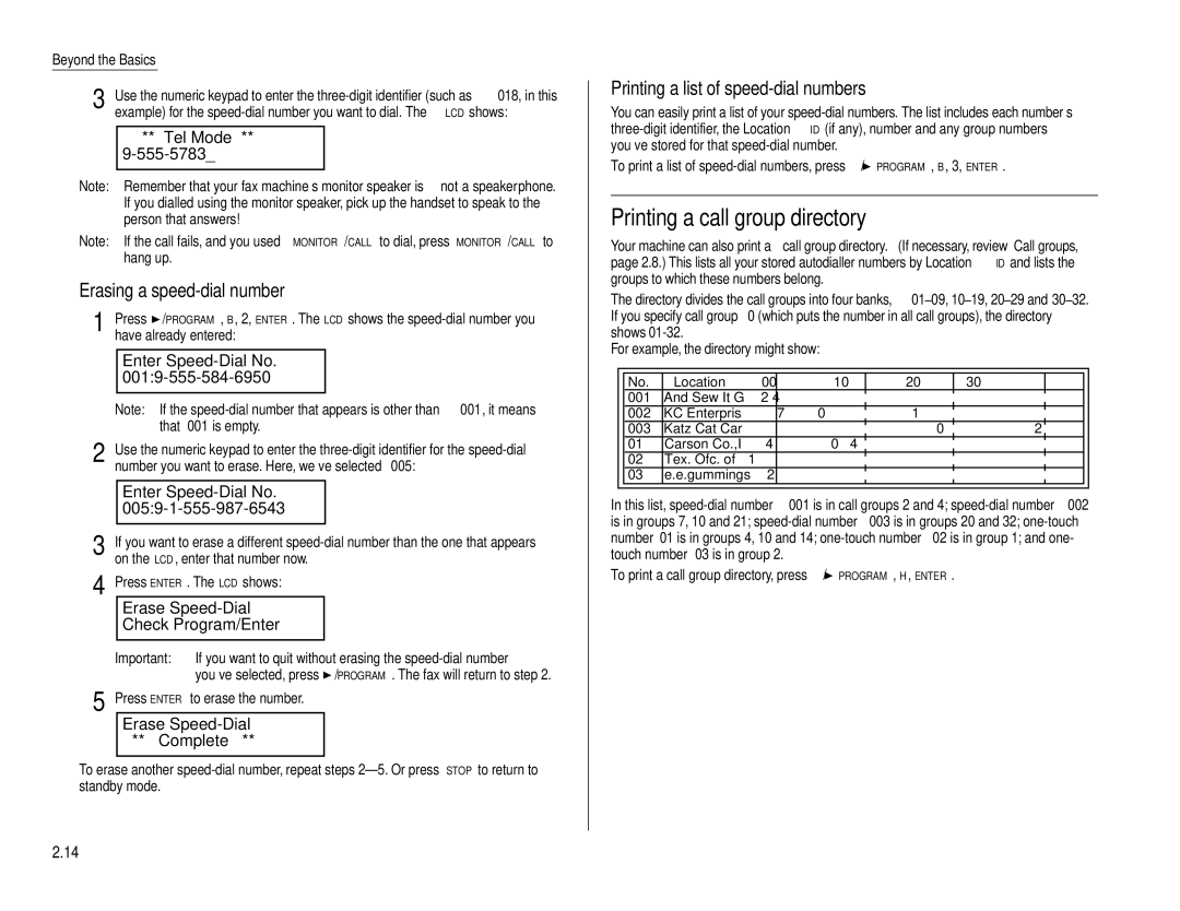 Muratec F-160 Printing a call group directory, Erasing a speed-dial number, Erase Speed-Dial Check Program/Enter 