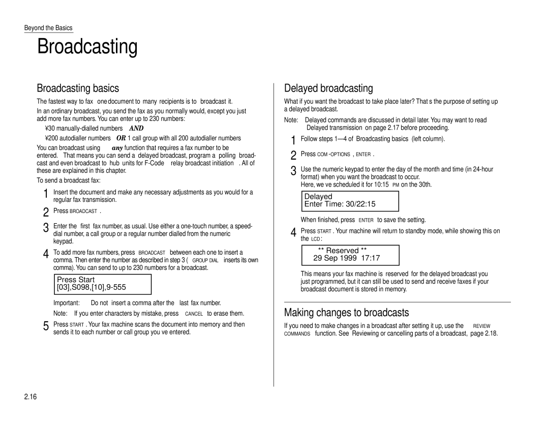 Muratec F-160 operating instructions Broadcasting basics, Delayed broadcasting, Making changes to broadcasts 