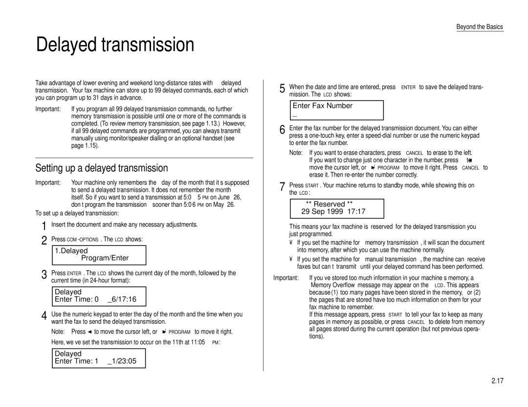 Muratec F-160 operating instructions Delayed transmission, Setting up a delayed transmission 