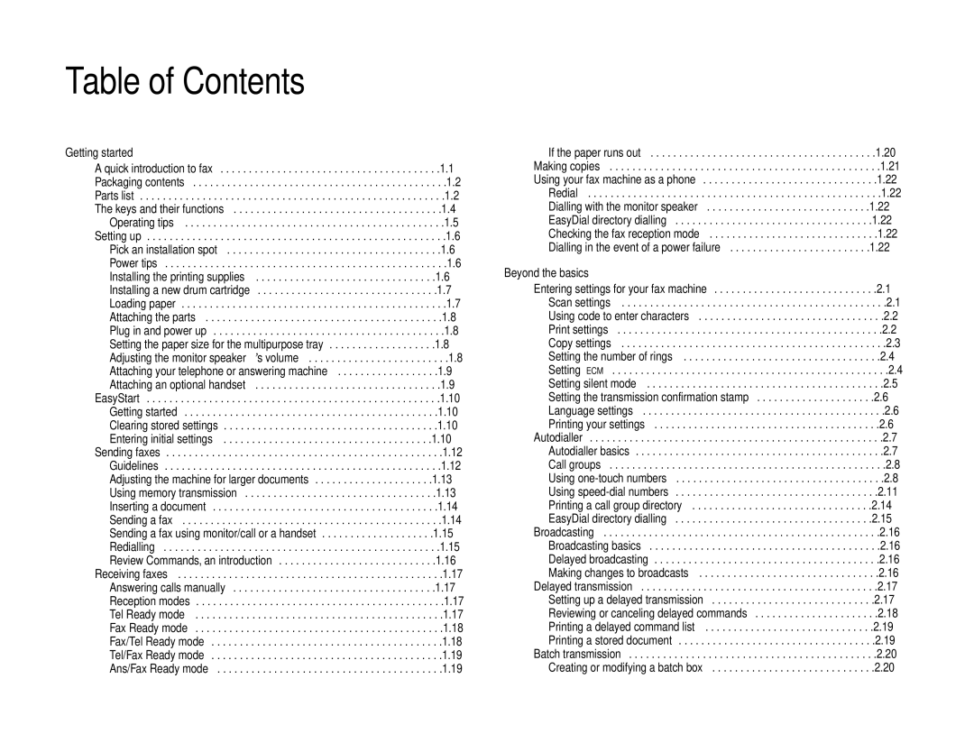 Muratec F-160 operating instructions Table of Contents 