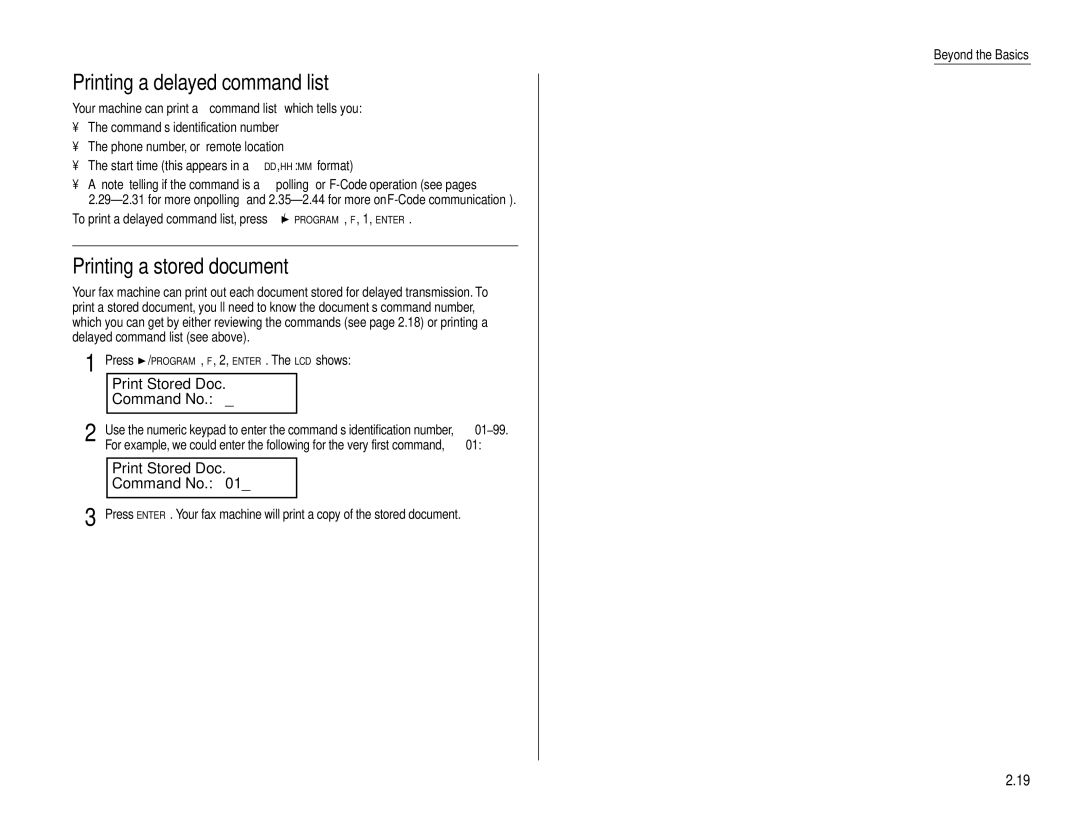 Muratec F-160 Printing a delayed command list, Printing a stored document, Print Stored Doc Command No 