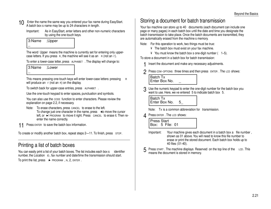 Muratec F-160 operating instructions Printing a list of batch boxes, Storing a document for batch transmission 