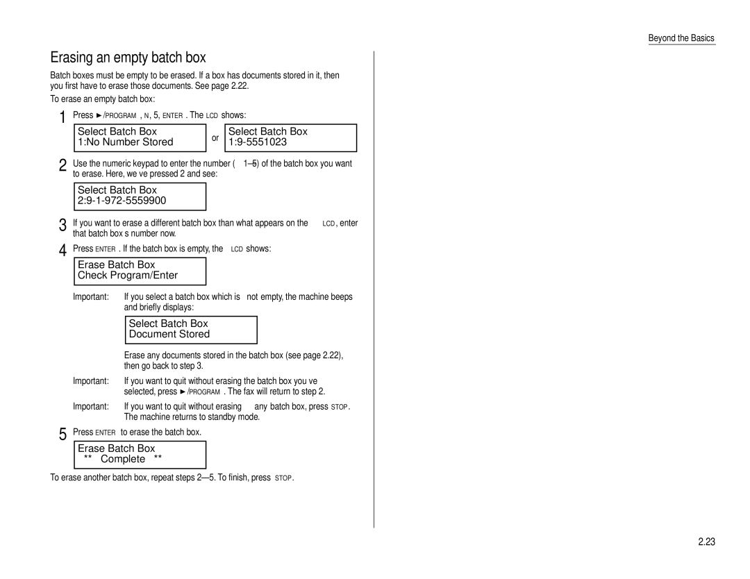 Muratec F-160 operating instructions Erasing an empty batch box 