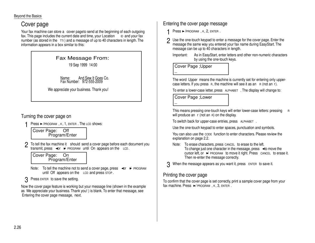 Muratec F-160 Cover Page Off Program/Enter, Cover Page On Program/Enter, Cover Page Upper, Cover Page Lower 