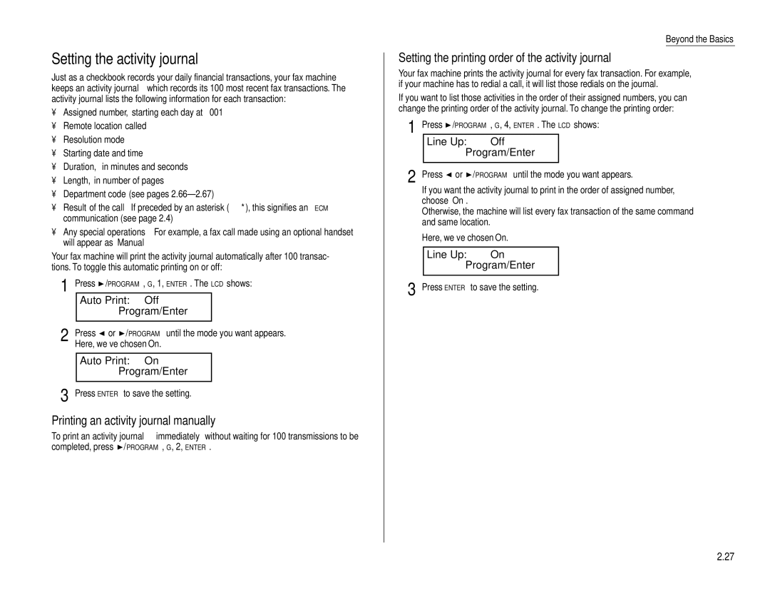 Muratec F-160 Setting the activity journal, Auto Print Off Program/Enter, Auto Print On Program/Enter 