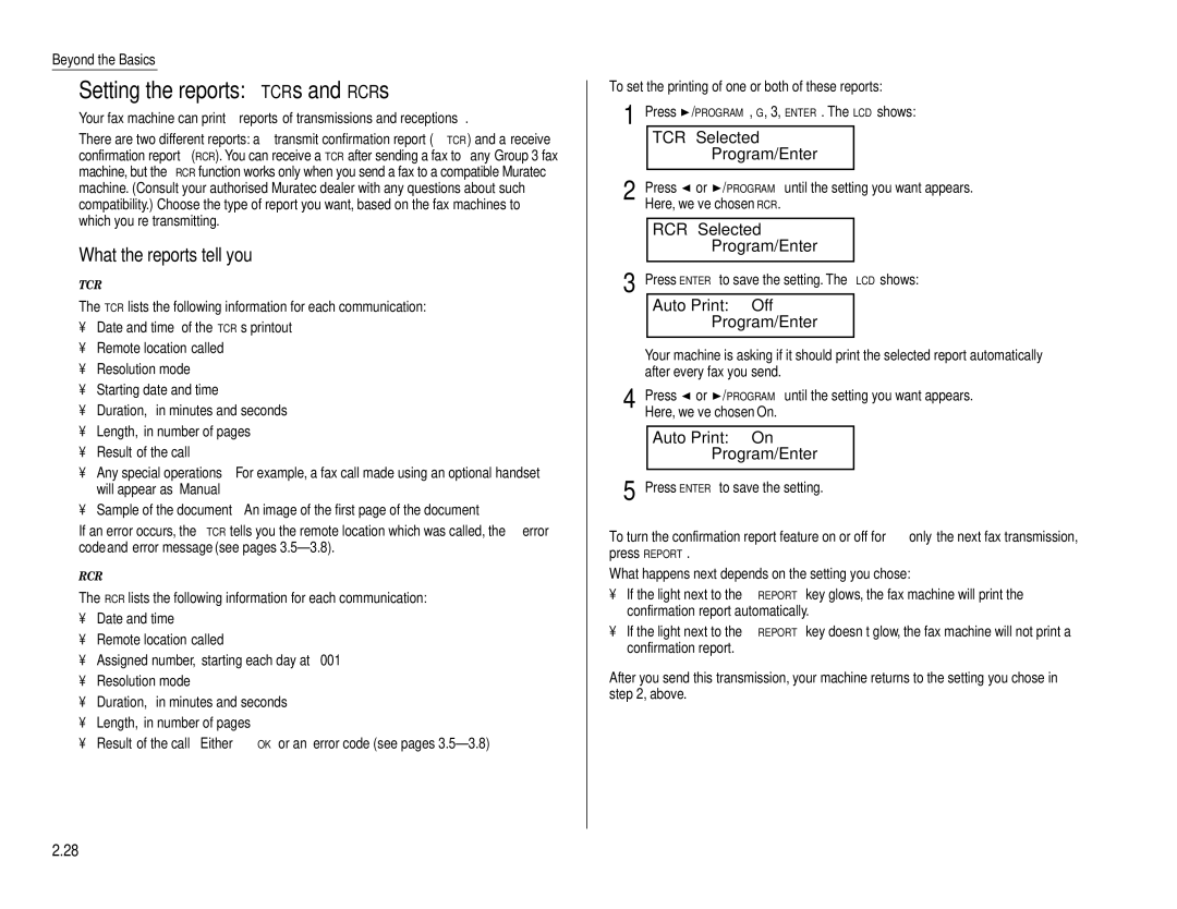 Muratec F-160 Setting the reports TCRs and RCRs, What the reports tell you, TCR Selected Program/Enter 