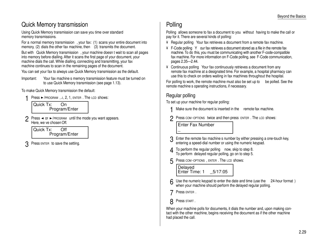 Muratec F-160 operating instructions Quick Memory transmission, Polling, Quick Tx Program/Enter, Quick Tx Off Program/Enter 