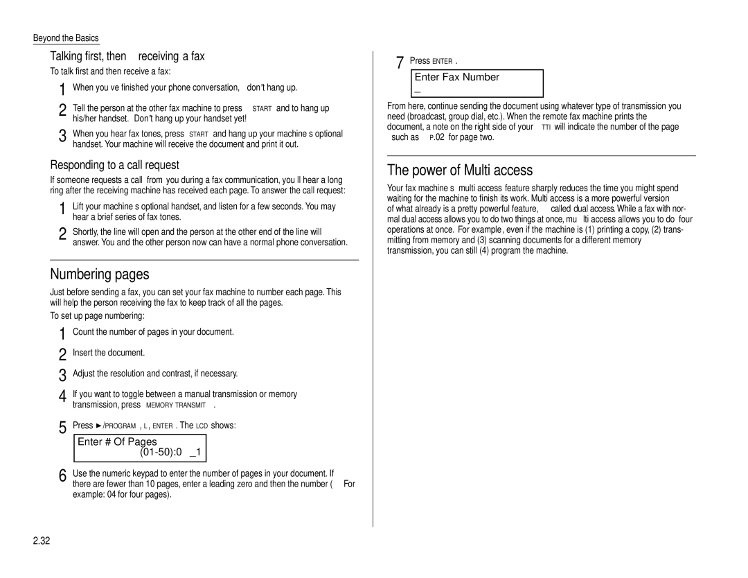 Muratec F-160 Numbering pages, Power of Multi access, Talking first, then receiving a fax, Responding to a call request 