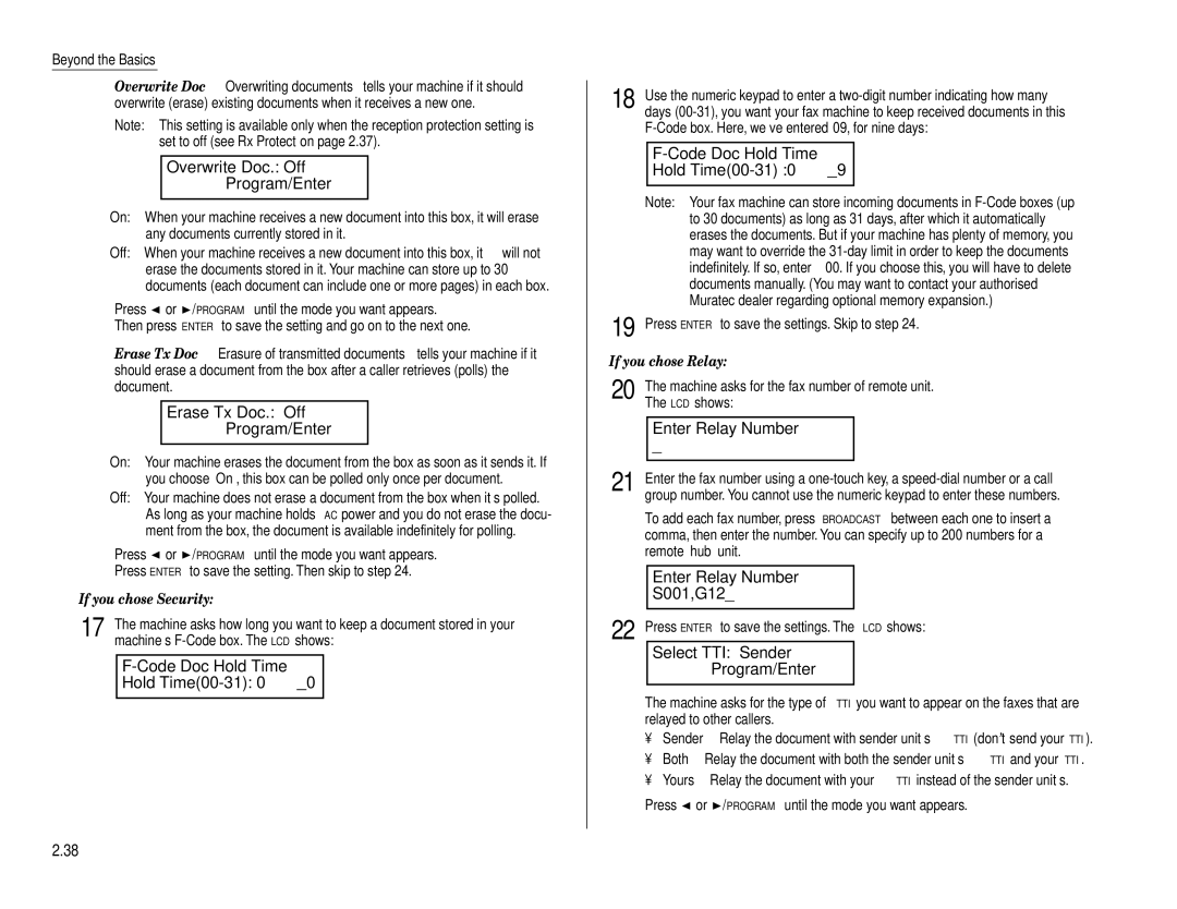 Muratec F-160 Overwrite Doc. Off Program/Enter, Erase Tx Doc. Off Program/Enter, Code Doc Hold Time Hold Time00-31 