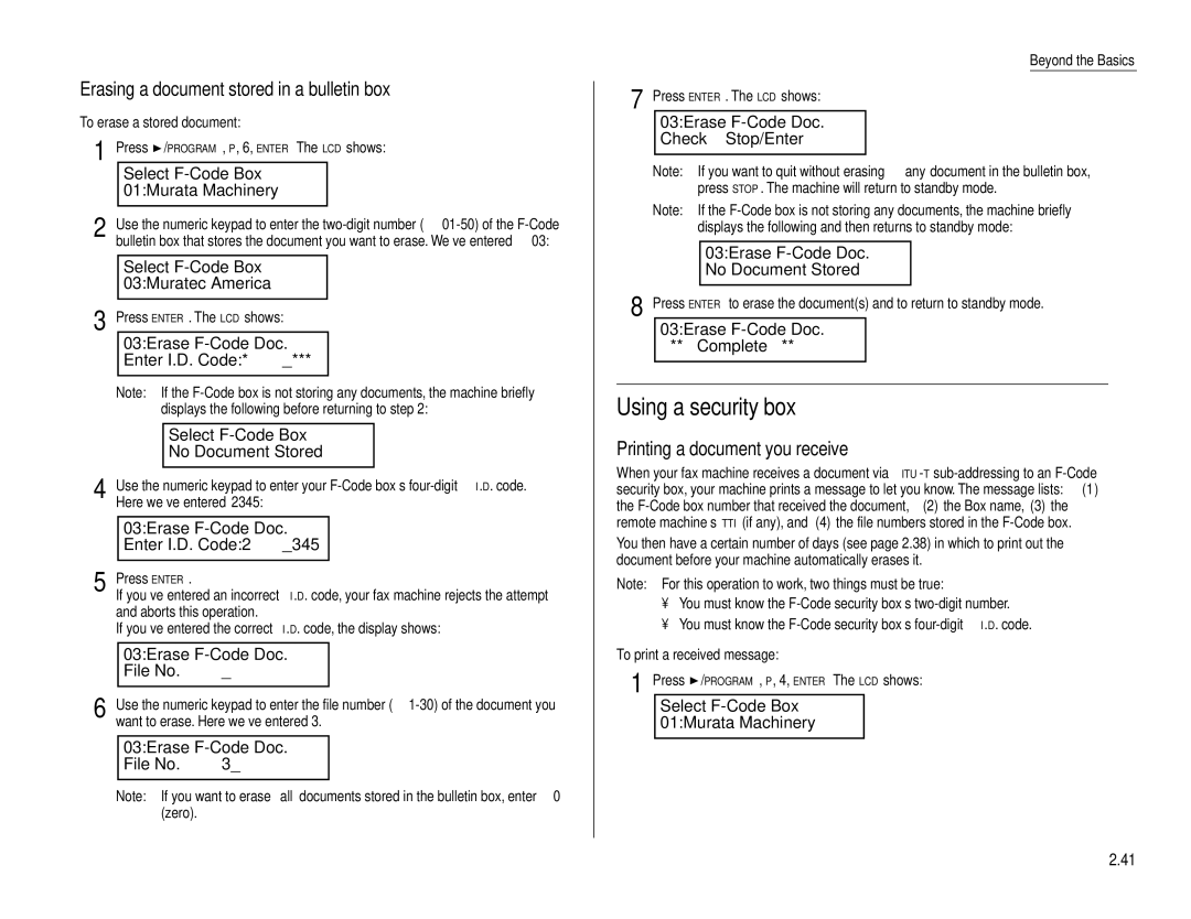Muratec F-160 Using a security box, 03Erase F-Code Doc. Enter I.D. Code2345, 03Erase F-Code Doc File No 