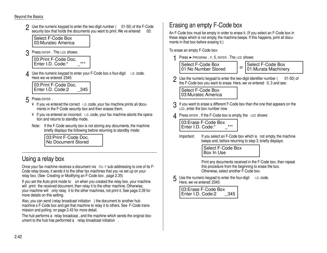 Muratec F-160 operating instructions Using a relay box, Erasing an empty F-Code box, 03Print F-Code Doc. No Document Stored 