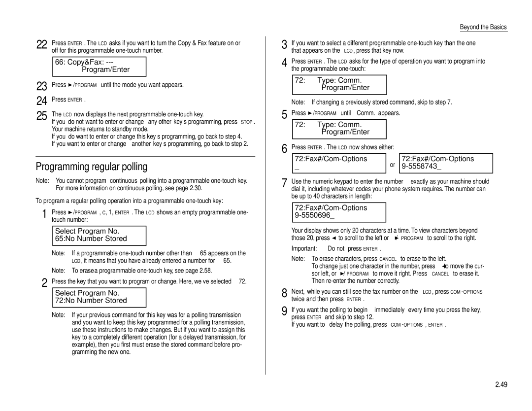 Muratec F-160 Programming regular polling, Type Comm Program/Enter, 72Fax#/Com-Options 5558743, 72Fax#/Com-Options 5550696 