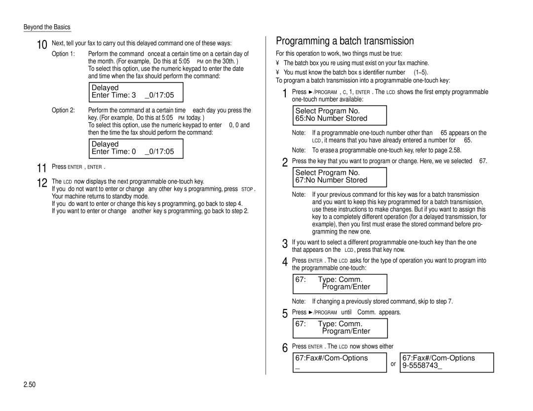 Muratec F-160 operating instructions Programming a batch transmission, 67Fax#/Com-Options 5558743 