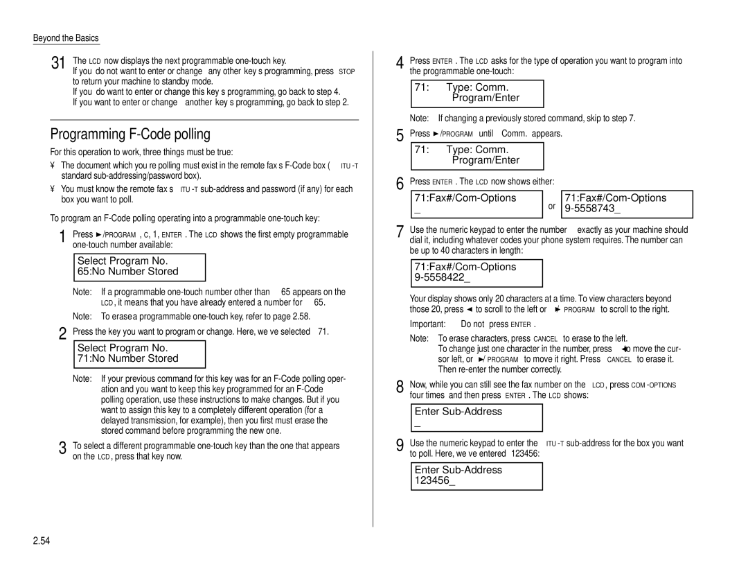 Muratec F-160 operating instructions Programming F-Code polling, 71Fax#/Com-Options 5558743 