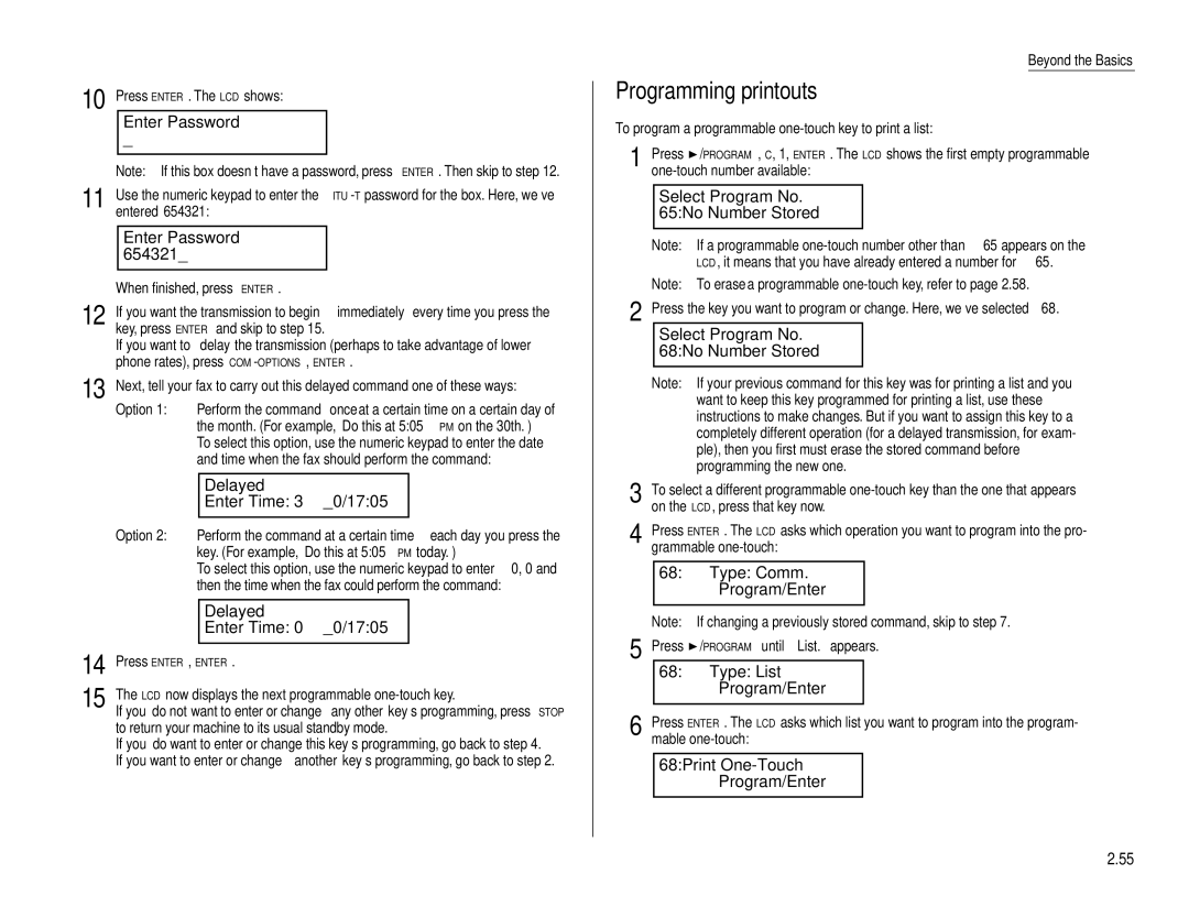 Muratec F-160 operating instructions Programming printouts, Type List Program/Enter, 68Print One-Touch Program/Enter 