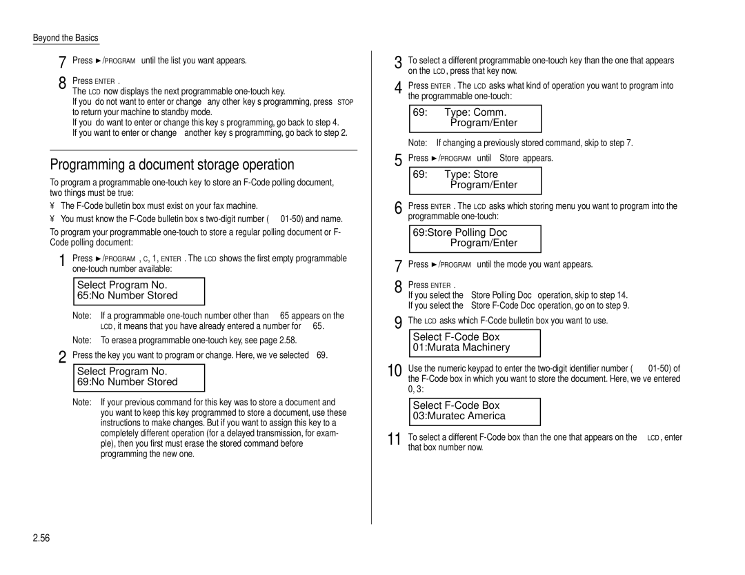 Muratec F-160 Programming a document storage operation, Type Store Program/Enter, 69Store Polling Doc Program/Enter 