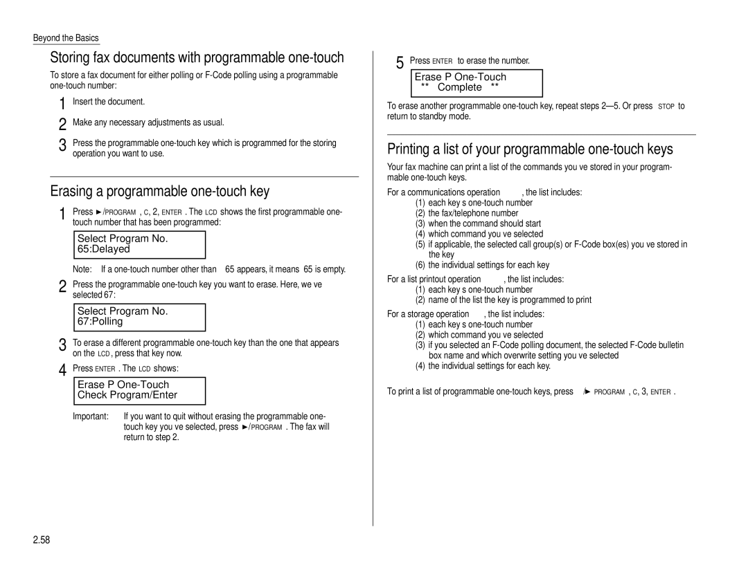 Muratec F-160 Storing fax documents with programmable one-touch, Erasing a programmable one-touch key 