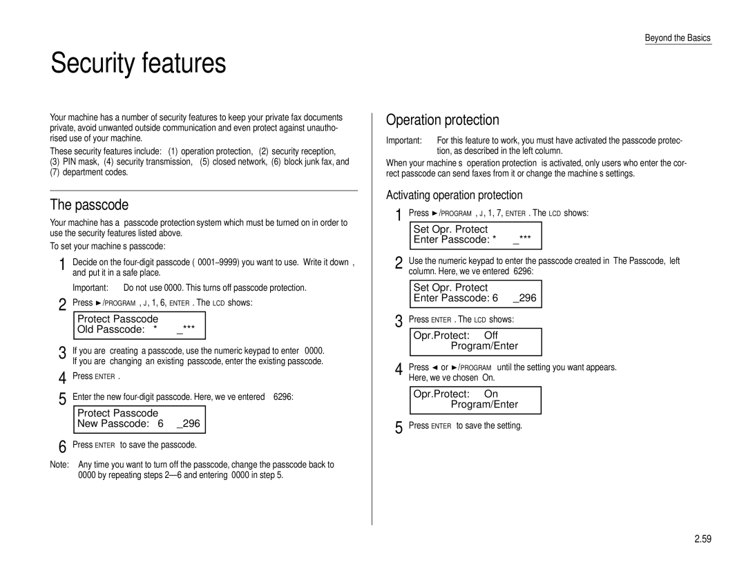 Muratec F-160 operating instructions Security features, Passcode, Operation protection 