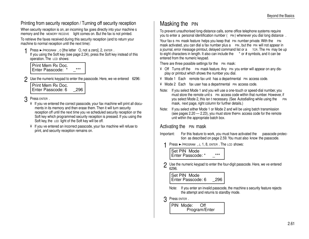 Muratec F-160 Masking the PIN, Print Mem Rx Doc Enter Passcode, Activating the PIN mask, Set PIN Mode Enter Passcode 