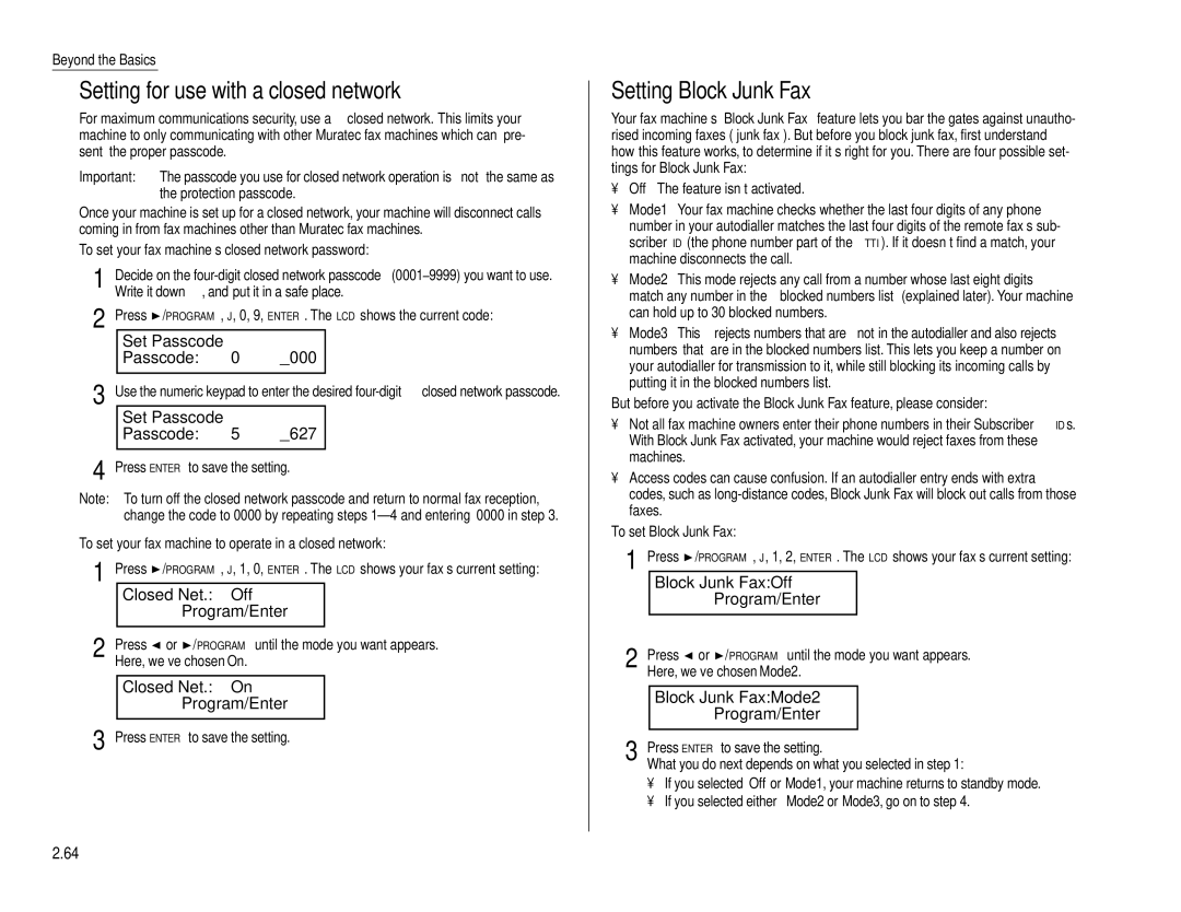 Muratec F-160 operating instructions Setting for use with a closed network, Setting Block Junk Fax 