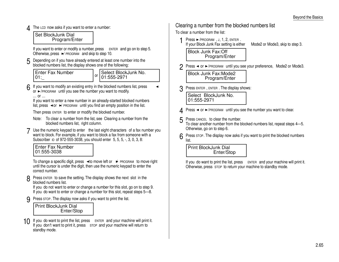 Muratec F-160 operating instructions Set BlockJunk Dial Program/Enter, Enter Fax Number Select BlockJunk No 01555-2971 