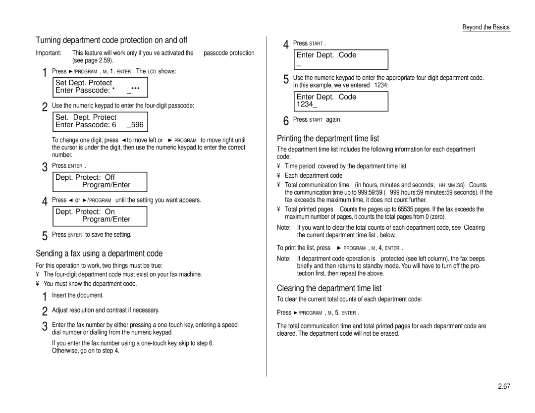 Muratec F-160 Set Dept. Protect Enter Passcode, Set. Dept. Protect Enter Passcode, Dept. Protect Off Program/Enter 