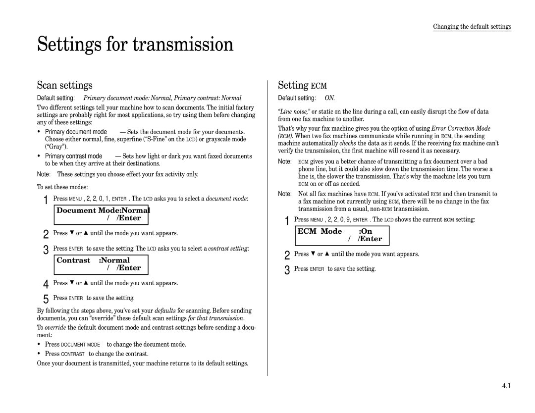 Muratec F-320 manual Settings for transmission, Scan settings, Setting ECM 