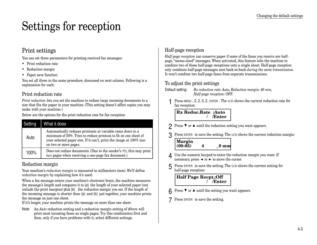 Muratec F-320 manual Settings for reception, Print settings, Rx Reduc.Rate Auto $/#/Enter, Margin 00-85 40 mm 