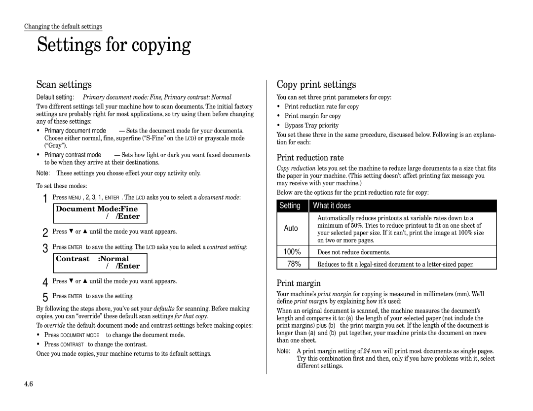 Muratec F-320 manual Settings for copying, Copy print settings, Document ModeFine $/ #/Enter, Contrast Normal $/ #/Enter 