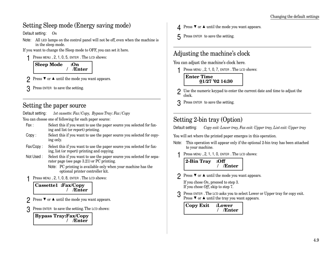 Muratec F-320 manual Setting Sleep mode Energy saving mode, Setting the paper source, Adjusting the machine’s clock 