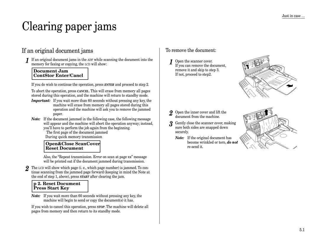 Muratec F-320 manual Clearing paper jams, If an original document jams, Document Jam ContStor Enter/Cancl 