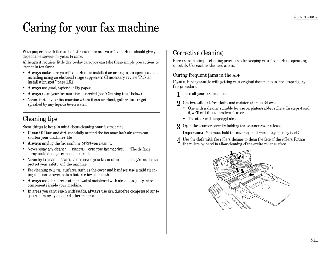 Muratec F-320 manual Caring for your fax machine, Cleaning tips, Corrective cleaning, Curing frequent jams in the ADF 