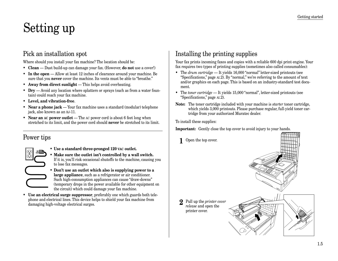 Muratec F-320 manual Setting up, Pick an installation spot, Power tips, Installing the printing supplies 