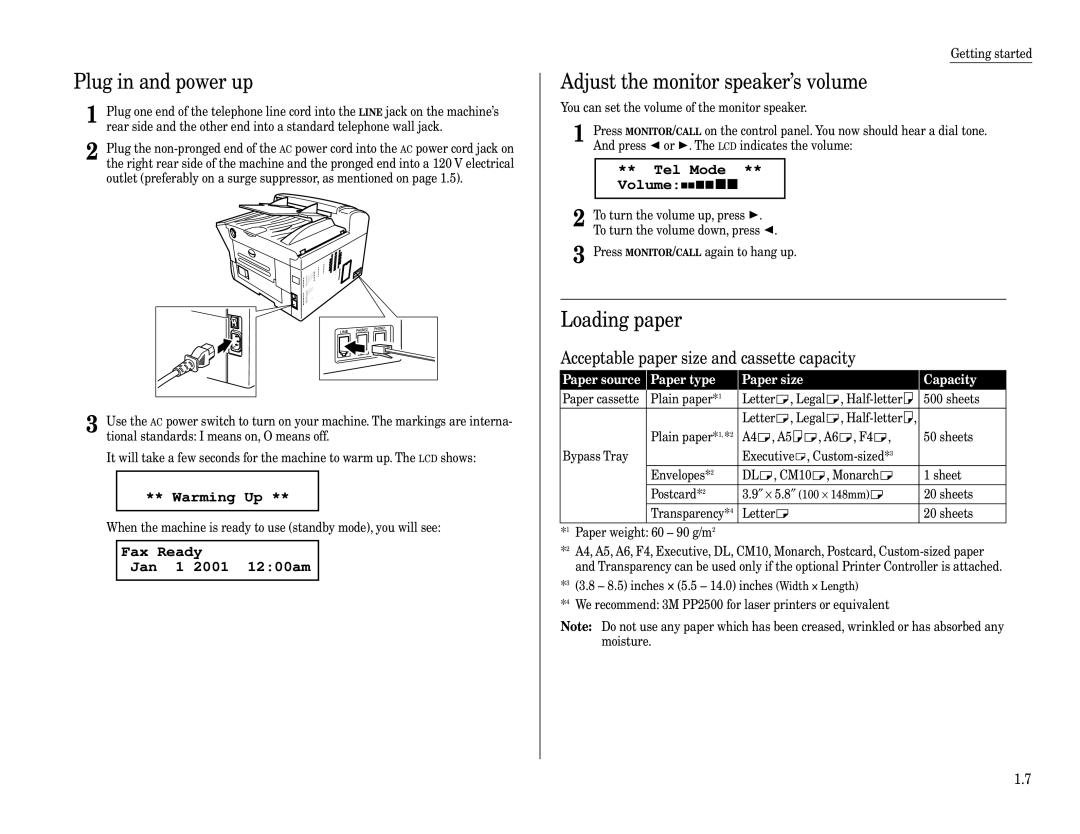 Muratec F-320 manual Plug in and power up, Adjust the monitor speaker’s volume, Loading paper 